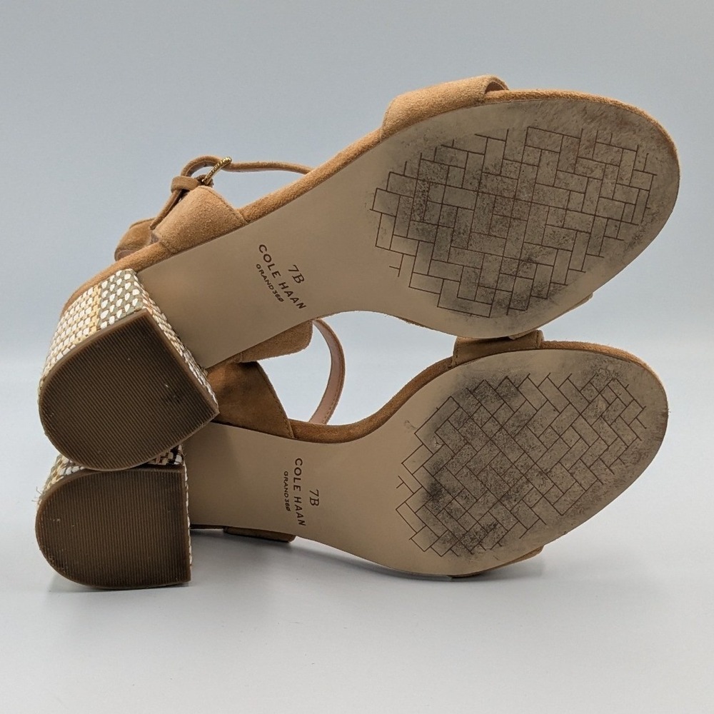 Cole Haan Grand 360 Tan Suede Woven Block Heel Ankle Strap Sandals 7B Resortwear - Picture 8 of 9